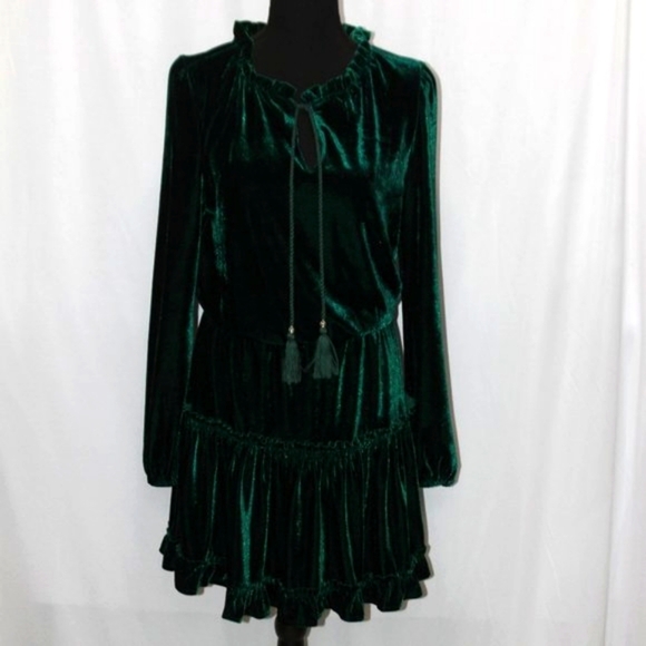 LISTICLE Green Velvet Ruffle Pleated Dress - Picture 1 of 13